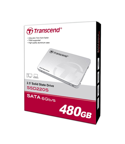 Disco SSD Transcend de 480GB en su caja.