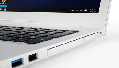 Detalle de conexiones y unidad DVD del portátil Lenovo Ideapad 510 con Office 365